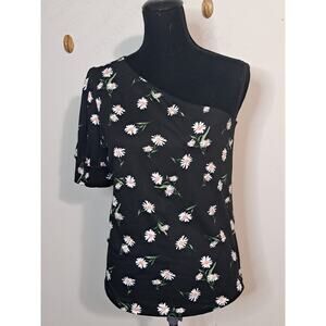 Maurices One Shoulder Black Floral Puff Sleeve Top Size Md. Short Sleeve Stretch